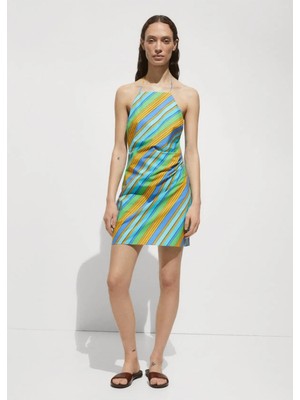Mango Çizgi Desenli Halter Yaka Elbise