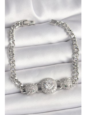 Clariss Pirinç Gümüş Renk Zirkon Taşlı Leopar Figür Zincir Model Kadın Bileklik