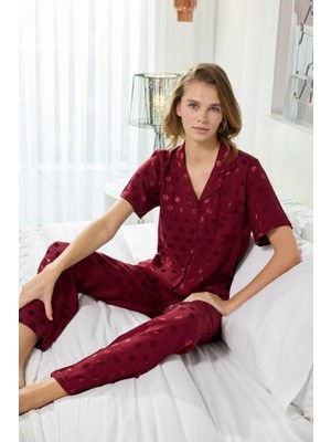 Bie's Kadın Önden Düğmeli Gömlek Yakalı Pamuk Saten Dokuma Göğüs Cepli Kısa Kol Pijama Takımı