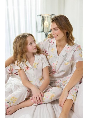 Seamlife Kız Çocuk Önden Düğmeli Gömlek Yakalı Pamuk Saten Dokuma Kısa Kol Pijama Takımı