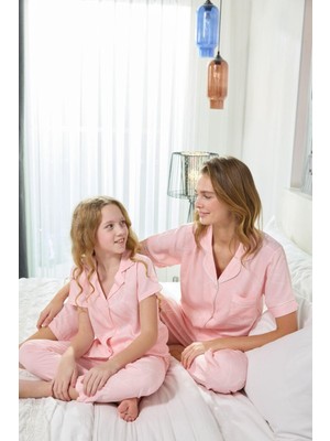 Seamlife Kız Çocuk Önden Düğmeli Gömlek Yakalı Pamuk Saten Dokuma Kısa Kol Pijama Takımı