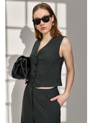 6622A Önü Düğmeli Çizgili Yelek Pantolon Takım Füme