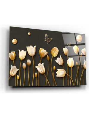 Marsilyan Gold Çiçekler Cam Tablo | Hediyelik, Dekoratif, Ofis, Mutfak