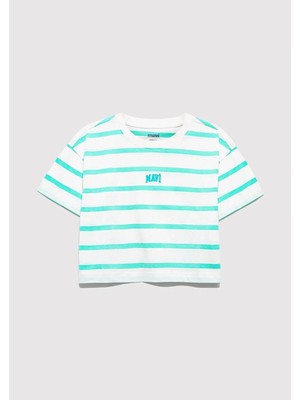 Mavi Mavi Logo Baskılı Yeşil Çizgili Crop Tişört 7610182-88145