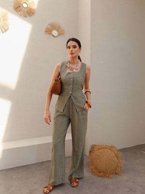 Esra Helvacı Belden Bağlamalı Yelek Pantolon Takım