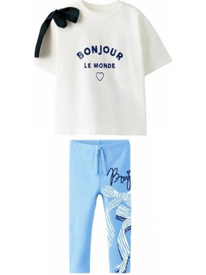 Kız Çocuk Beyaz- Lacivert Kurdela Omuz Detaylı T-Shirt - Tayt Alt Üst Takım