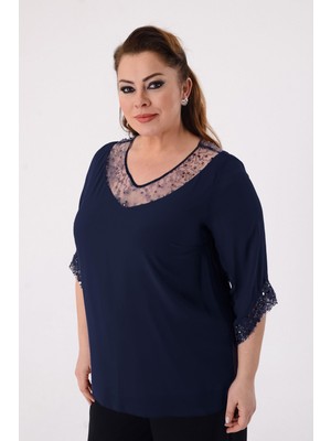 Lilas Xxl Büyük Beden Lacivert Renkli Şifon V Yaka Abiye Bluz Uzun Kol Geniş Kesim Kadın