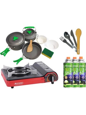 Orcamp Tekli Portatif Ocak Kırmızı CK-505+3 Parça Tencere Seti OUT-1150+ÇKB OUT-1970 S+3 Adet Kartuş ORC-011-B4