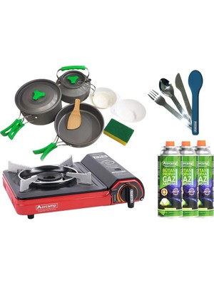 Orcamp Tekli Portatif Ocak Kırmızı CK-505+3 Parça Tencere Seti OUT-1150+ÇKB OUT-1970 M+3 Adet Kartuş ORC-011-B3