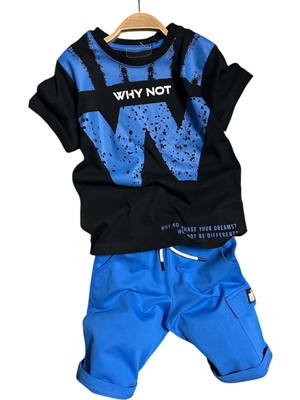 Erkek Çocuk W Harf Why Not Baskılı T-Shirt Mavi Şortlu Takım
