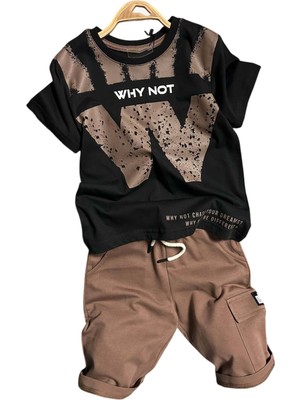 Erkek Çocuk W Harf Why Not Baskılı T-Shirt Kahverengi Şortlu Takım