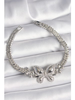 Callerrons Accessories Pirinç Gümüş Renk Zirkon Taşlı Kelebek Model Kadın Bileklik - EBJ250308W31924