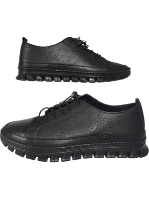 Mr.White Kadın Siyah  Deri Lastik-Bağcıklı Ortopedik Model Günlük Klasik Şık Ayakkabı