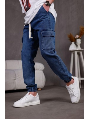 Dasser Paçası ve Beli Lastikli Slim Fit Likralı Kot Kargo Pantolon