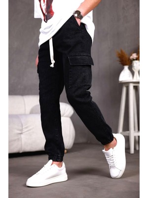 Dasser Paçası ve Beli Lastikli Slim Fit Likralı Kot Kargo Pantolon