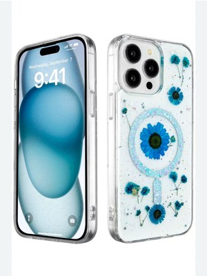 Apple Iphone 14 Pro Max Uyumlu Magsafe Destekli Simli Çiçek Tasarımlı Telefon Kılıfı