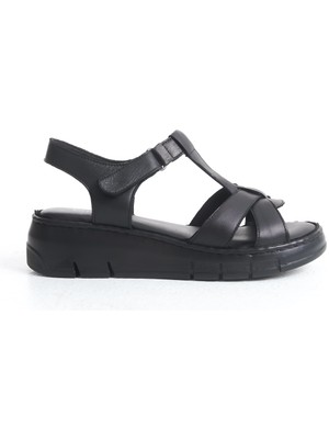 Hakiki Deri Siyah Ortopedik Taban Kadın Sandalet TMD202585