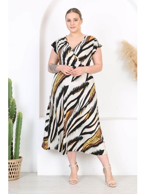 Kadın Siyah Beyaz Zebra Desen Fırfır Kol Kruvaze Yaka Büyük Beden Maxi Elbise