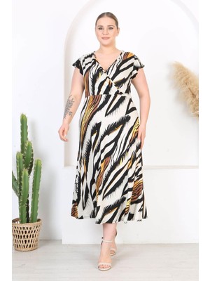 Kadın Siyah Beyaz Zebra Desen Fırfır Kol Kruvaze Yaka Büyük Beden Maxi Elbise