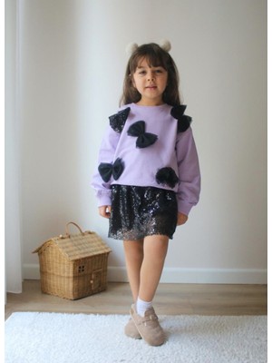 Kız Çocuk Pullu Etekli Fiyonklu Alt-Üst Takım