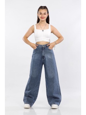 Kız Çocuk %100 Pamuk Baggy Fit Geniş Paça Kot PANTOLON-PNT-0046