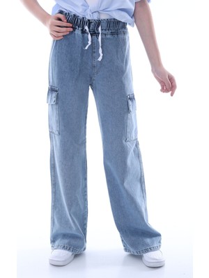 Asortix Kız Çocuk Oversize Kargo Cepli Beli Lastikli Pamuk Kot PANTOLON-PNT-0043