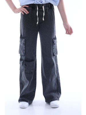 Asortix Kız Çocuk Oversize Kargo Cepli Beli Lastikli Pamuk Kot PANTOLON-PNT-0042