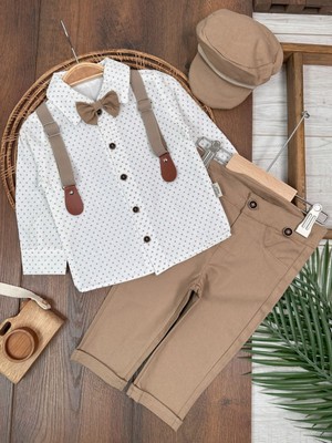 Deluxe Erkek Bebek Takım 5 Parça Şapkalı Askılı Papyonlu Gömlek ve Likralı Gabardin Pantolunlu Takım