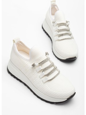 Shemard Paris Beyaz Triko Bağcıklı Taşlı Rahat Kalıp Sneaker