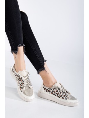 Shemard Neva Taşlı Düz Taban Kadın Leopar Kot Sneakers