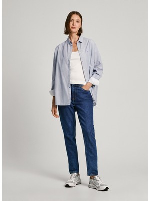 Pepe Jeans Standart Gömlek Yaka Çizgili Açık Mavi Kadın Gömlek PL304955