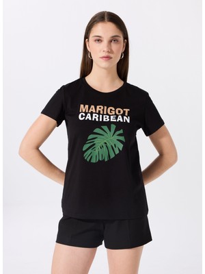 Fabrika Bisiklet Yaka Baskılı Siyah Kadın T-Shirt F5SL-TST0439