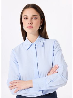 Fabrika Basic Gömlek Yaka Düz Mavi Kadın Gömlek F5SL-GML0411