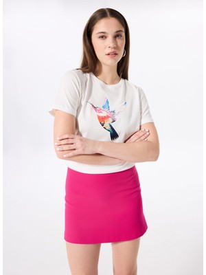 Fabrika Bisiklet Yaka Baskılı Kırık Beyaz Kadın T-Shirt F5SL-TST0378