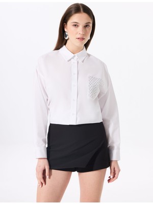 Fabrika Loose Fit Gömlek Yaka Taşlı Beyaz Kadın Gömlek F5SL-GML0409