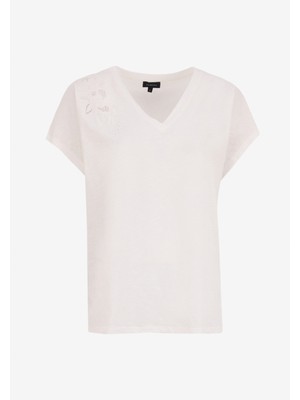 Kırık Beyaz Kadın Relaxed Nakışlı T-Shirt FC5SL-TST0208