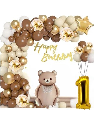 Papyonlu Ayı Folyolu Yaş Balonlu Erkek Kız Çocuğu Dekorasyon Doğum Günü Parti Seti Süsü