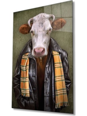 Insan Vücutlu Inek Hayvan Portresi Cam Tablo, Ev ve Ofis Duvar Dekoru,  Büyük Cam Tablo