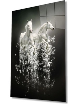 Beyaz Atlar Hayvan Cam Tablo, Ev ve Ofis Duvar Dekoru