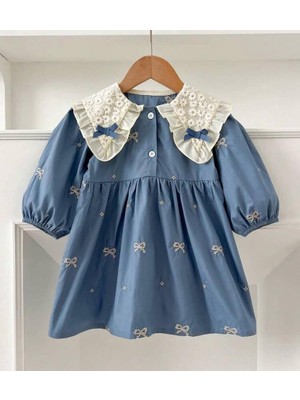 Kız Çocuk Bebe Yaka Fiyonk Işlemeli Elbise