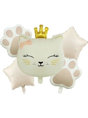 Krem Kedi Patili Taçlı Kedi Kafası Folyo Balon Hayvan Balon Doğum Günü Parti Seti Süsü