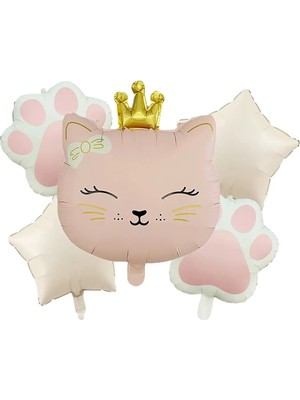 Bkmc Party Krem Kedi Patili Taçlı Kedi Kafası Folyo Balon Hayvan Balon Doğum Günü Parti Seti Süsü