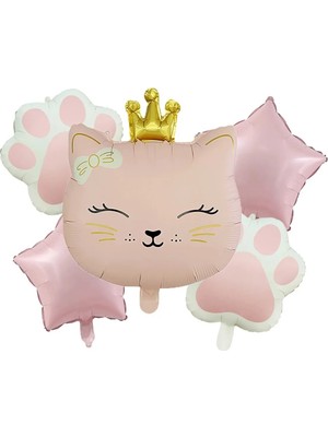 Krem Kedi Patili Taçlı Kedi Kafası Folyo Balon Hayvan Balon Doğum Günü Parti Seti Süsü
