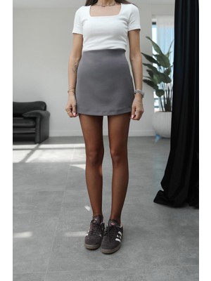 Gri Kiera Yüksek Bel Şort Etek
