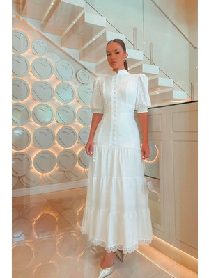 Neşeli Butik Kadın Keten Kollar Vual ve Dantel Detaylı Elbise NBEMP2677