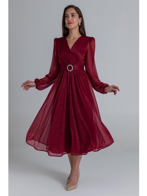 Neşeli Butik Kadın Kemerli Kruvaze Yaka Simli Gece Elbisesi NBMY3590