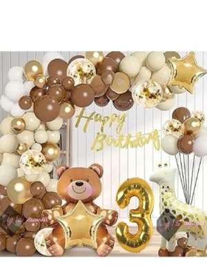 Bkmc Hayvan Temalı Folyo Balonlu Kahverengi 3 Yaş Doğum Günü Parti Seti Balon Seti
