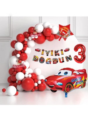 Bkmc Bannerli 3 Yaş Yıldız Araba Folyo Balonlu Kırmızı Beyaz Konsept Doğum Günü Parti Seti