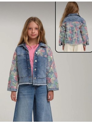 Emila Kids 10-14 Yaş Kolları ve Sırtı Renkli Çiçek Süslemeli Kot Ceket