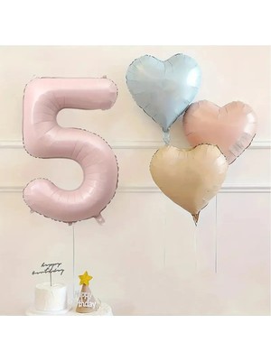 Bkmc 5 Yaş Pembe Rakam Folyo Balon Retro Mavi Pembe Satin Kalp Folyo Balon Doğum Günü Balon Seti